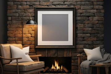Stone Brick Cozy Fireplace with Leather Accent Chair, Metal Farmhouse Floor Lamp, Photo Frame Mockup