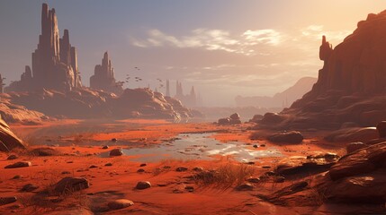 an inviting scene featuring an otherworldly landscape rendered with meticulous realism within a VR environment