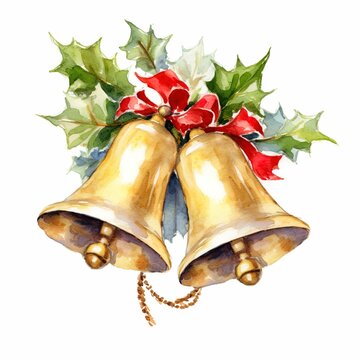 christmas bells with red ribbon on an isolated white background, watercolor style