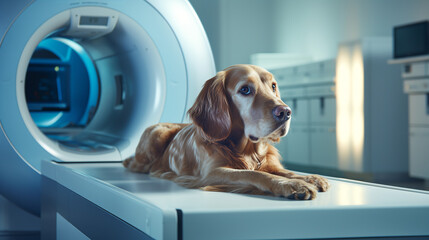 Dog lying on table before scanning in MRI equipment in veterinary clinic. ai generative - obrazy, fototapety, plakaty