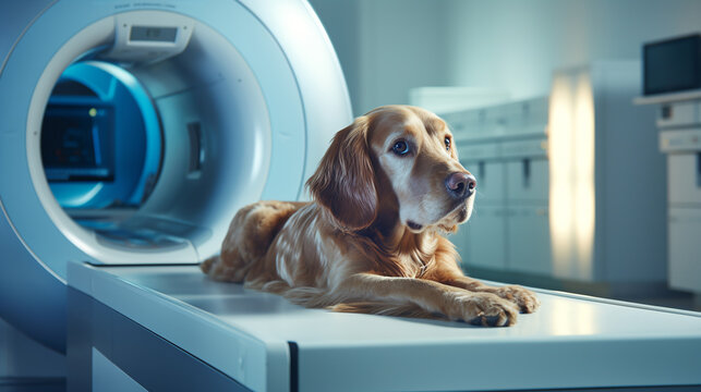 Dog lying on table before scanning in MRI equipment in veterinary clinic. ai generative
