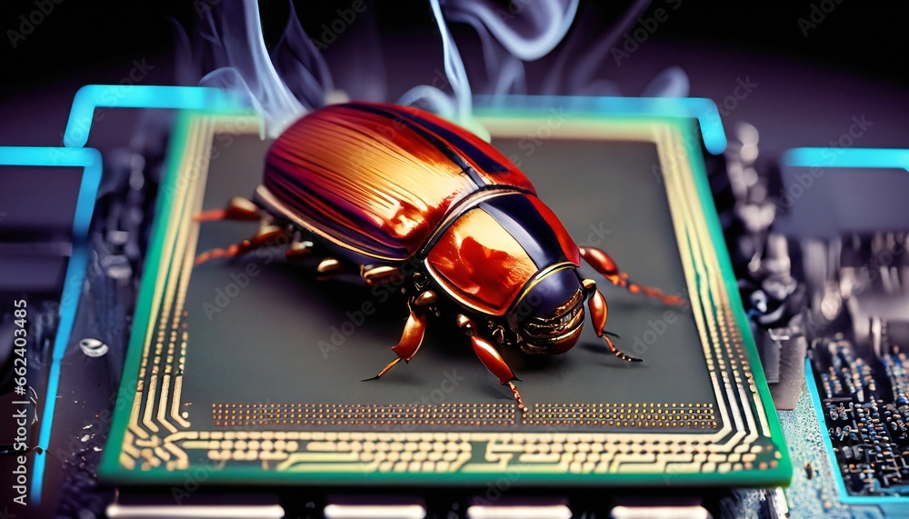 Poster beetle attacks and destroys electronics. concept of computer virus and malicious software code.