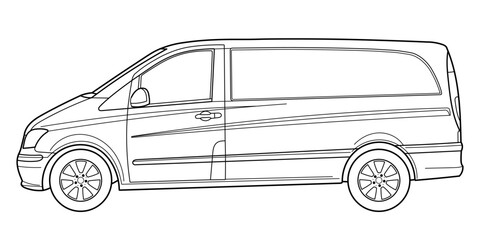 Classic van bus car. Side and rear view shot. Outline doodle vector illustration	
