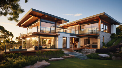 modern eco-friendly panel house with a veranda. ai generative