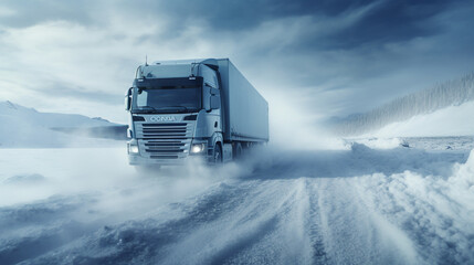 Truck driving on frozen lake in winter weather, dangerous journey. ai generative - obrazy, fototapety, plakaty