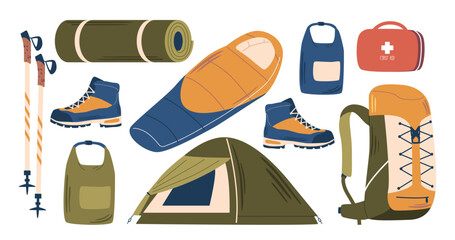 Alpinist Equipment Set. Tent, Sleeping Bag, Backpack, First Aid Kit, Mat, Sticks and And Specialized Boots
