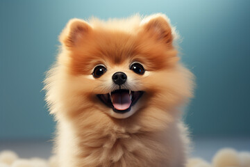 Obraz premium Pomeranian Dog on a light blue background. Adorable 3D cartoon animal portrait.