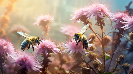 bees pollinate flowers in the morning fog of the last days of summer, landscape, silence and beauty of wildlife in early autumn. ai generative
