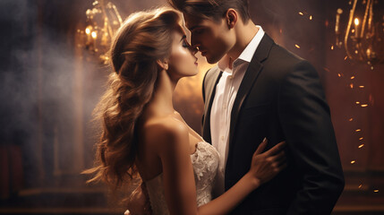 Beautiful couple, woman in wedding dress, man in suit, kissing. ai generative