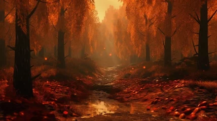 Fotobehang Autumn forest orange golden leaves path landscape wallpaper image AI generated art © Biplob