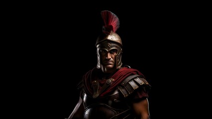 Fototapeta na wymiar Barve Roman army war Commander, centurion wearing Lorica Segmentata armor. Ancient Greek Legionary Warrior, Gladiator in Greece closeup. Soldier posing isolated transparent background.