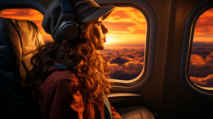 young woman traveling in a plane