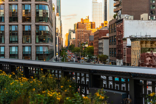 A view of the streets seen from the High Line park in Chelsea, New York City, United States.