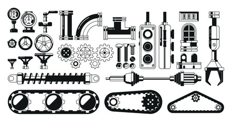 Black And White Set Of Machine Parts. Chain Drive, Pipeline Manometer, Shock Absorbers, Metal Pipes, Manipulator, Valves