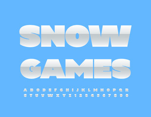 Vector creative logo Snow Games. Modern White Font. Bold Glossy Alphabet Letters and Numbers set