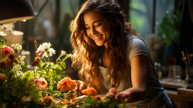 young woman working in her flower shop