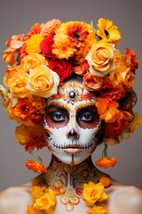 portrait of young woman with face paint for dia de los muertos or day of the dead 