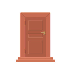 Realistic brown wooden door with copper handles and hinges. Isolated on white background. Exterior concept for house. Cartoon flat style. Vector illustration