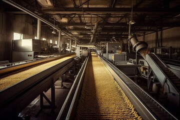 conveyor belt and machinery in a large packing house