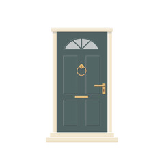 Cute realistic dark door with copper fittings. Isolated on white background. Cartoon flat style. Vector illustration