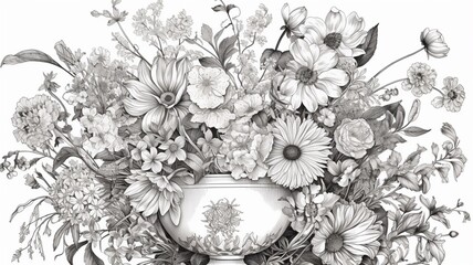 Beautiful flowers pencil drawing easy design white background illustration picture AI generated art