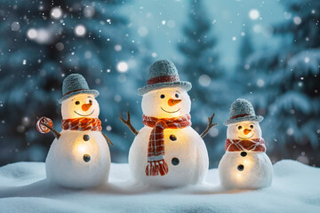 Obraz premium Holiday Greetings: The Snowman Family Spreads Joy. Greeting card or poster.
