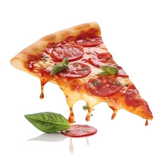 hot pizza slice with dripping melted cheese, Template with delicious tasty, Slice of pepperoni pizza flying. isolated on transparent background. generated AI
