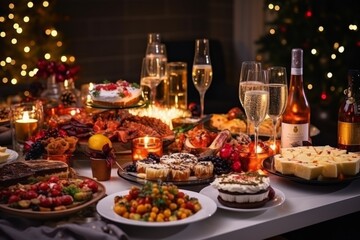 Bright New Year's decorated table with candles, glasses, champagne and food