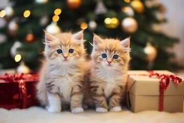 Beautiful fluffy kittens under the Christmas tree among the gifts, New Year kittens