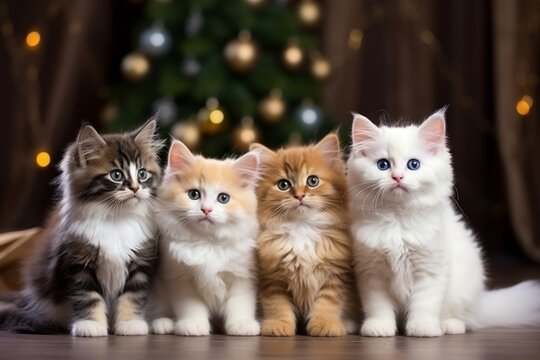 Beautiful fluffy kittens under the Christmas tree among the gifts, New Year kittens