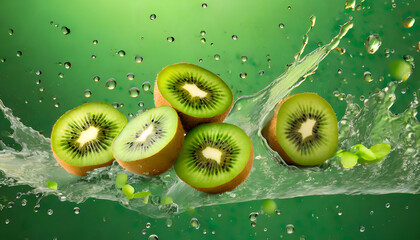 Juicy Masterpiece: Kiwi Slices and Water on Green