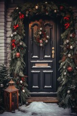 Fototapeta na wymiar Christmas decorated wreaths of fir branches on beautiful doors, decorated entrance to the house