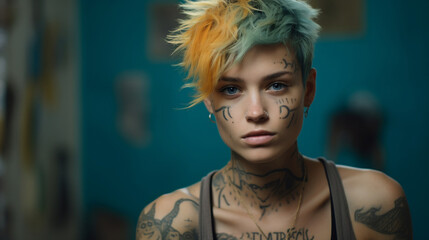 Blonde girl Attitude looking at camera, rebel punk, tattoos