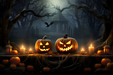Halloween pumpkin head jack lantern with burning candles, Spooky Forest with a full moon and wooden table, Pumpkins In Graveyard In The Spooky Night - Halloween Backdrop - AI GENERATED