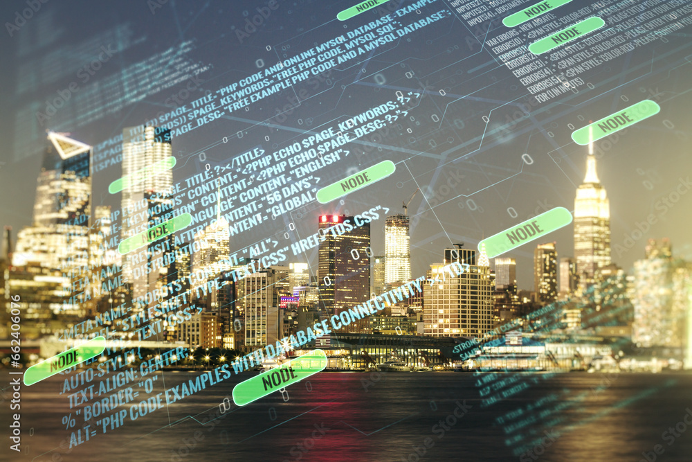 Poster multi exposure of abstract graphic coding sketch on manhattan cityscape background, big data and net