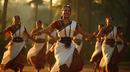 Energetic Bihu dancers in Assam, their spirited steps capturing the essence of this lively folk...