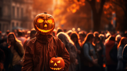 Man in autumn jacket, has halloween pumpkin instead of head and holdings jack-o-lantern carved in hand, standing on background with people