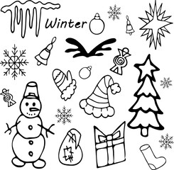 Vector black and white illustration set of christmas elements
