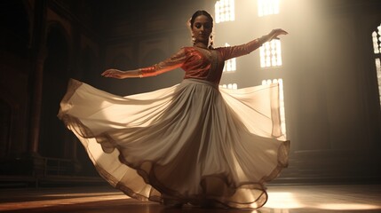 Intricate footwork of a Kathak dancer, captured mid-performance in a grand setting.
