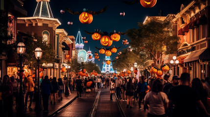 Festive street Halloween, people walk in central part among beautiful buildings in autumn evening, decorative pumpkins hang from above