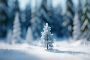 Small cute Christmas tree on the background of the forest.