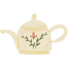 Cottagecore Aesthetic Teapot. Hand drawn cartoon vintage kitchen tool. Retro coffee or tea pot, kettle decorative ceramic. Householding element. Cozy cute hygge vector illustration isolated on white