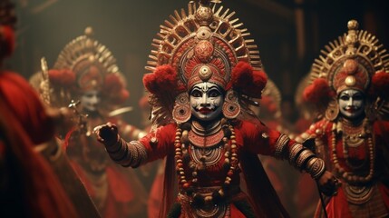 Traditional Yakshagana performers enacting a mythological scene, their elaborate costumes adding to...