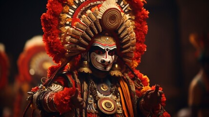 Traditional Yakshagana performers enacting a mythological scene, their elaborate costumes adding to...