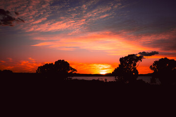 Fototapeta na wymiar beautiful sunset against the backdrop of trees and a lake. Beautiful photo of nature at sunset