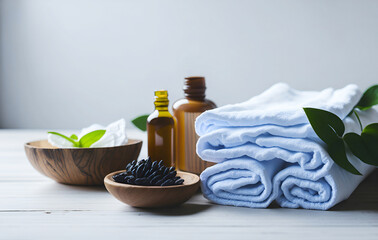 Obraz na płótnie Canvas Spa composition with towels, aromatic oil, foliage on a table.