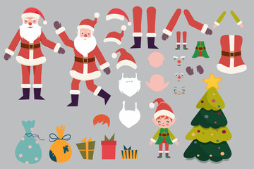 Flat Santa character constructor, moving arms and legs, combination of hats and faces. Xmas tree with  presents, bag, cute elf, white mustache, beards. Vector illustration.