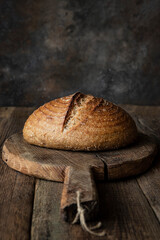 Round loaf bread of freshly backed rye grain