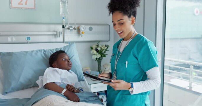 Happy woman, doctor and hug child patient with tablet for good news, love or support on hospital bed. Female person, nurse or medical assistant with technology hugging little boy for trust at clinic