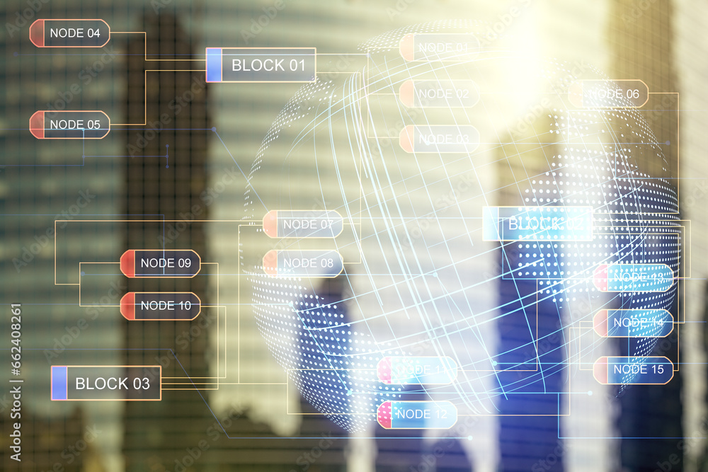 Poster double exposure of abstract programming language hologram and world map on modern skyscrapers backgr